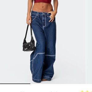 Edikted Dark Blue Wide Leg Flare Jeans